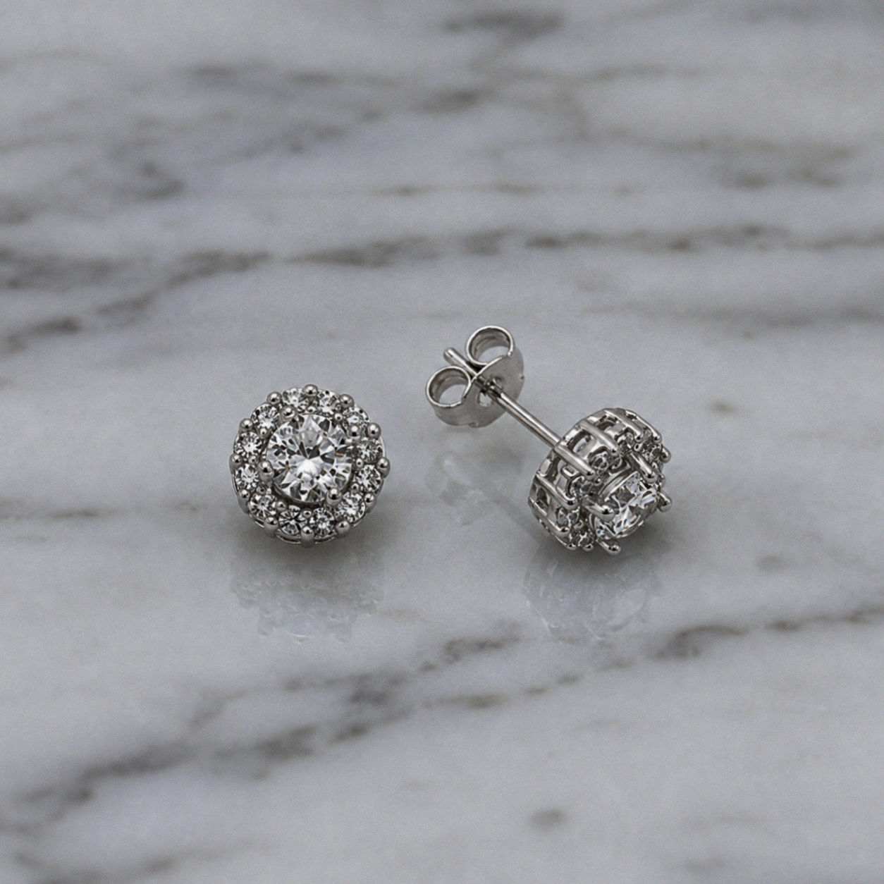 Silver Cubic Zirconia Cluster Halo Stud Earrings