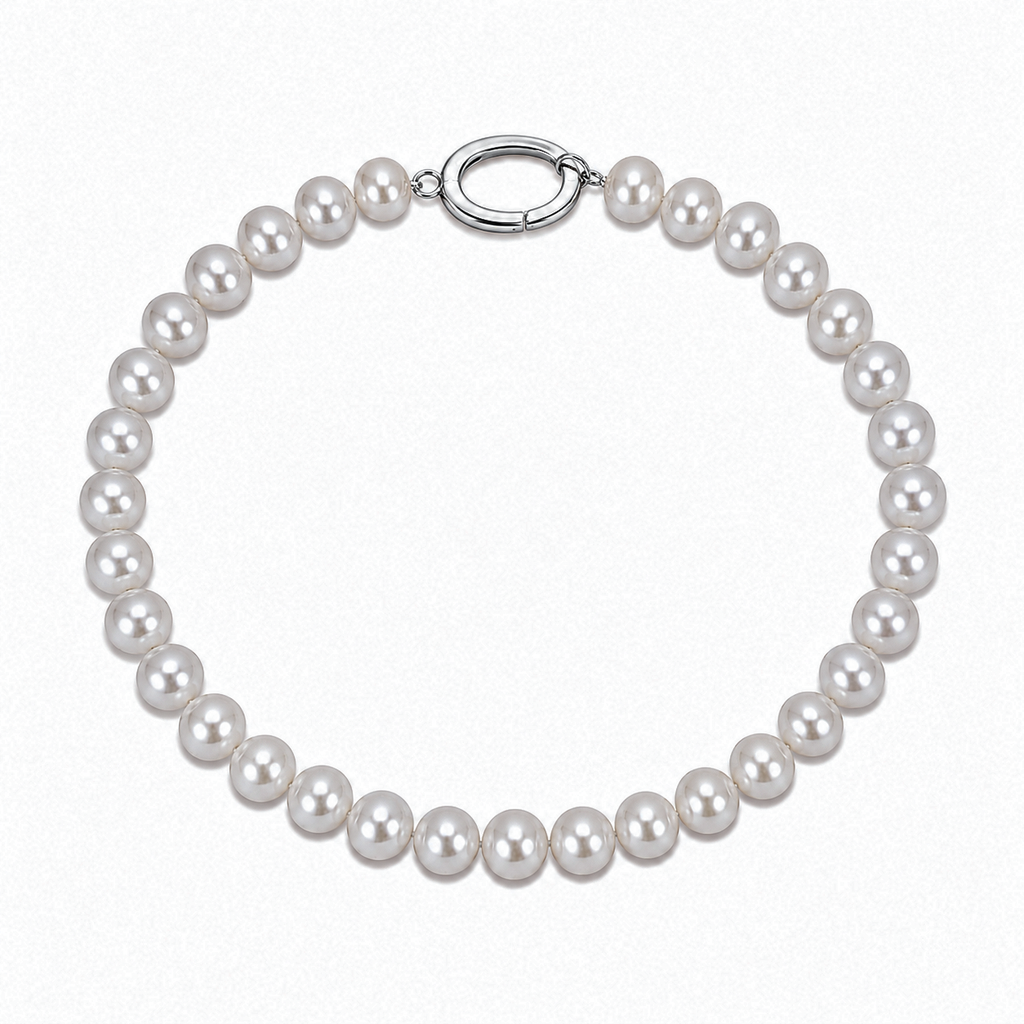 White Pearl Bracelet in Sterling Silver - Elegant Charm Link Design