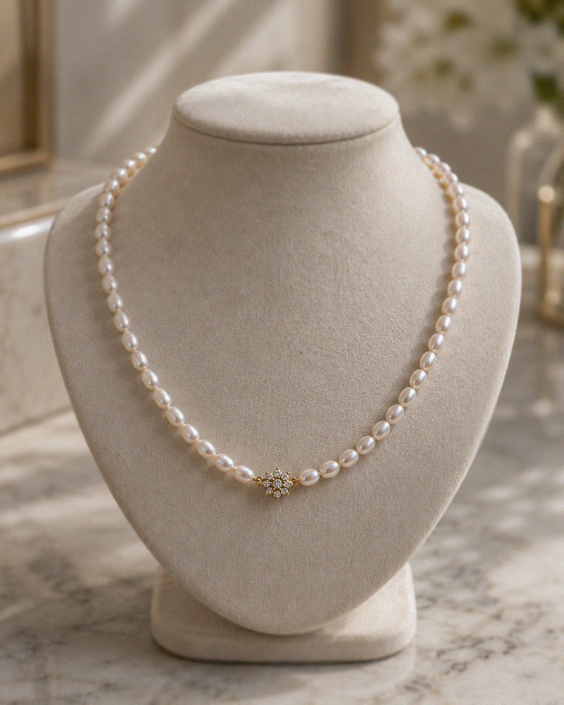 9ct Yellow Gold Freshwater Pearl & Diamond Flower Necklace