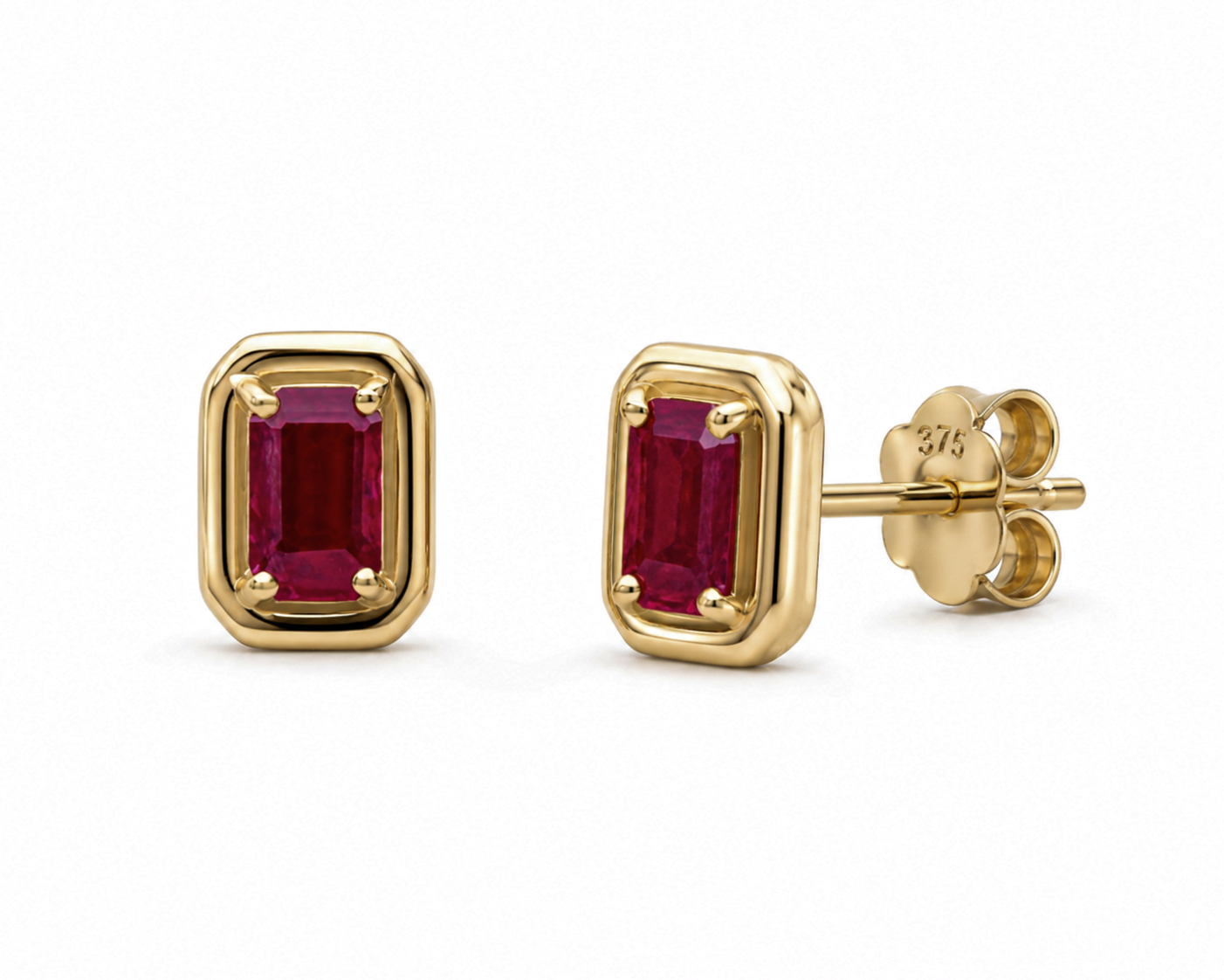 Chunky Border Ruby Stud Earrings in 9ct Yellow Gold