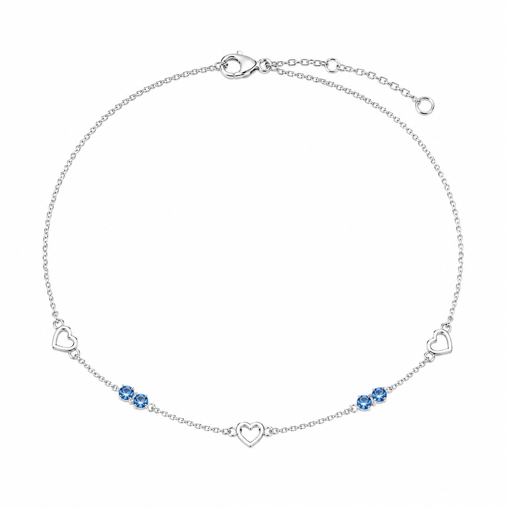 Sterling Silver Blue Crystal and Heart Anklet