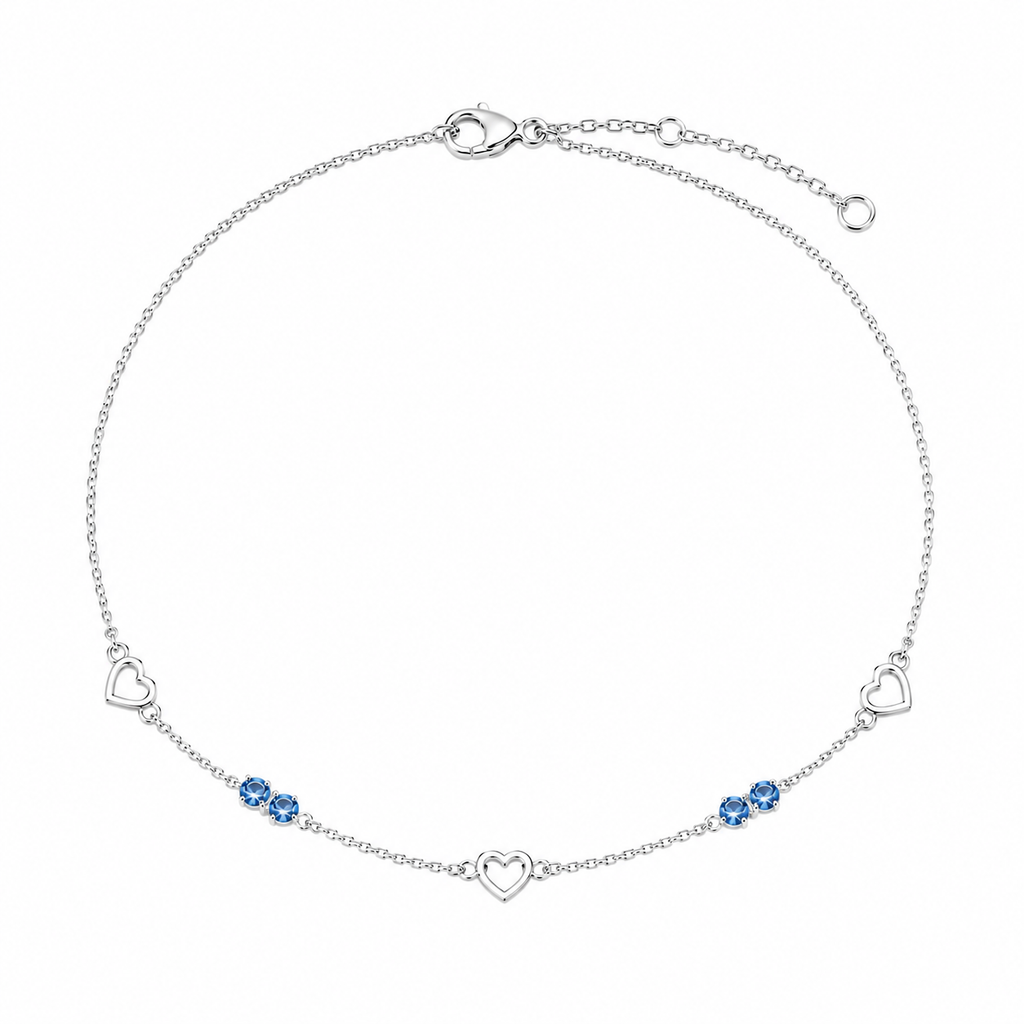 Sterling Silver Blue Crystal and Heart Anklet