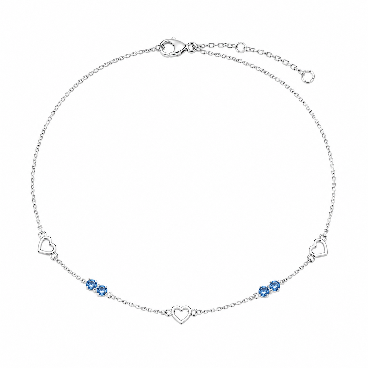 Sterling Silver Blue Crystal and Heart Anklet