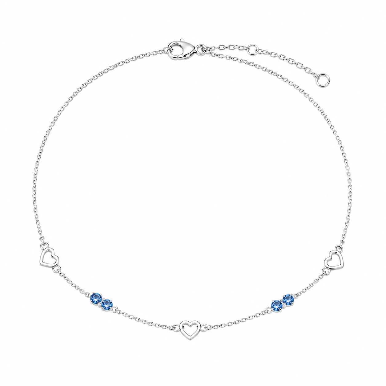 Sterling Silver Blue Crystal and Heart Anklet