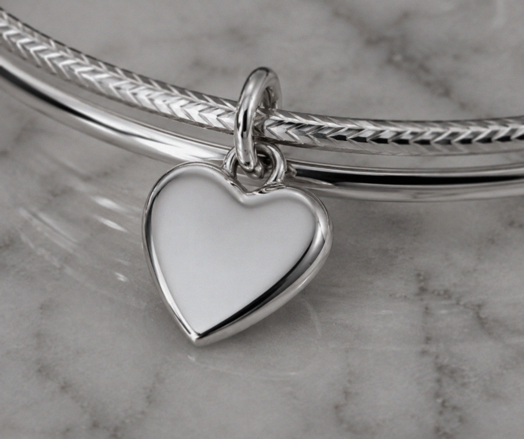 Sterling Silver Diamond-Cut Double Bangle with Heart Charm