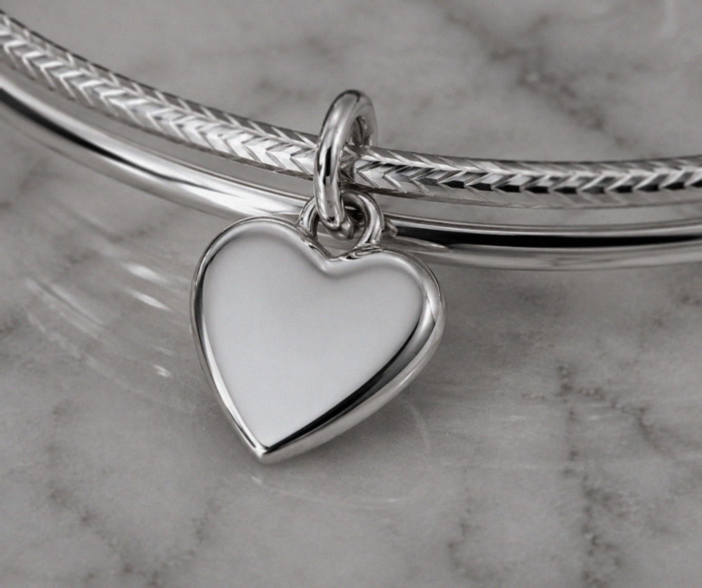 Sterling Silver Diamond-Cut Double Bangle with Heart Charm