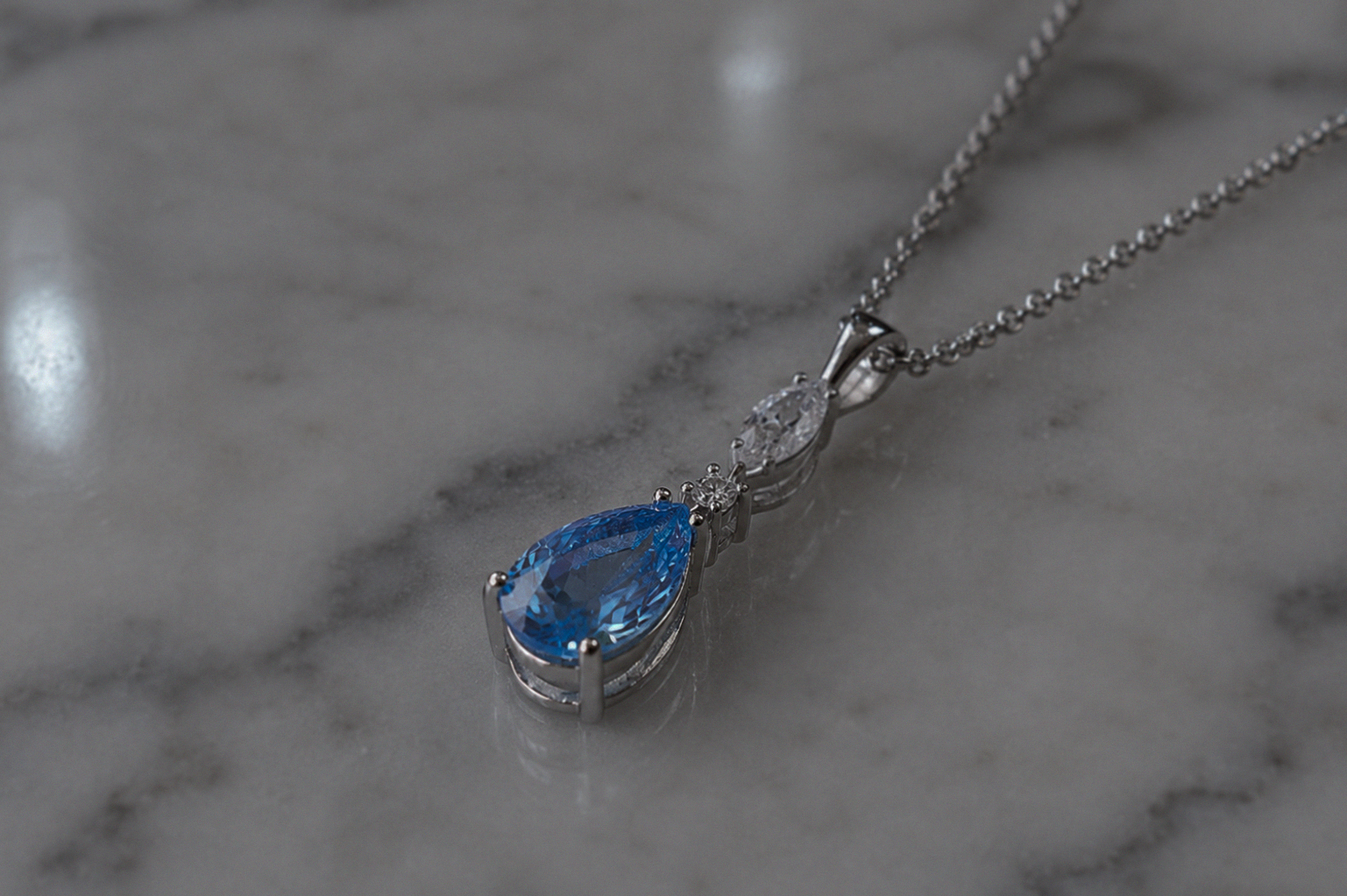 Marquise & Teardrop Blue Cubic Zirconia Pendant Necklace – Sterling Silver