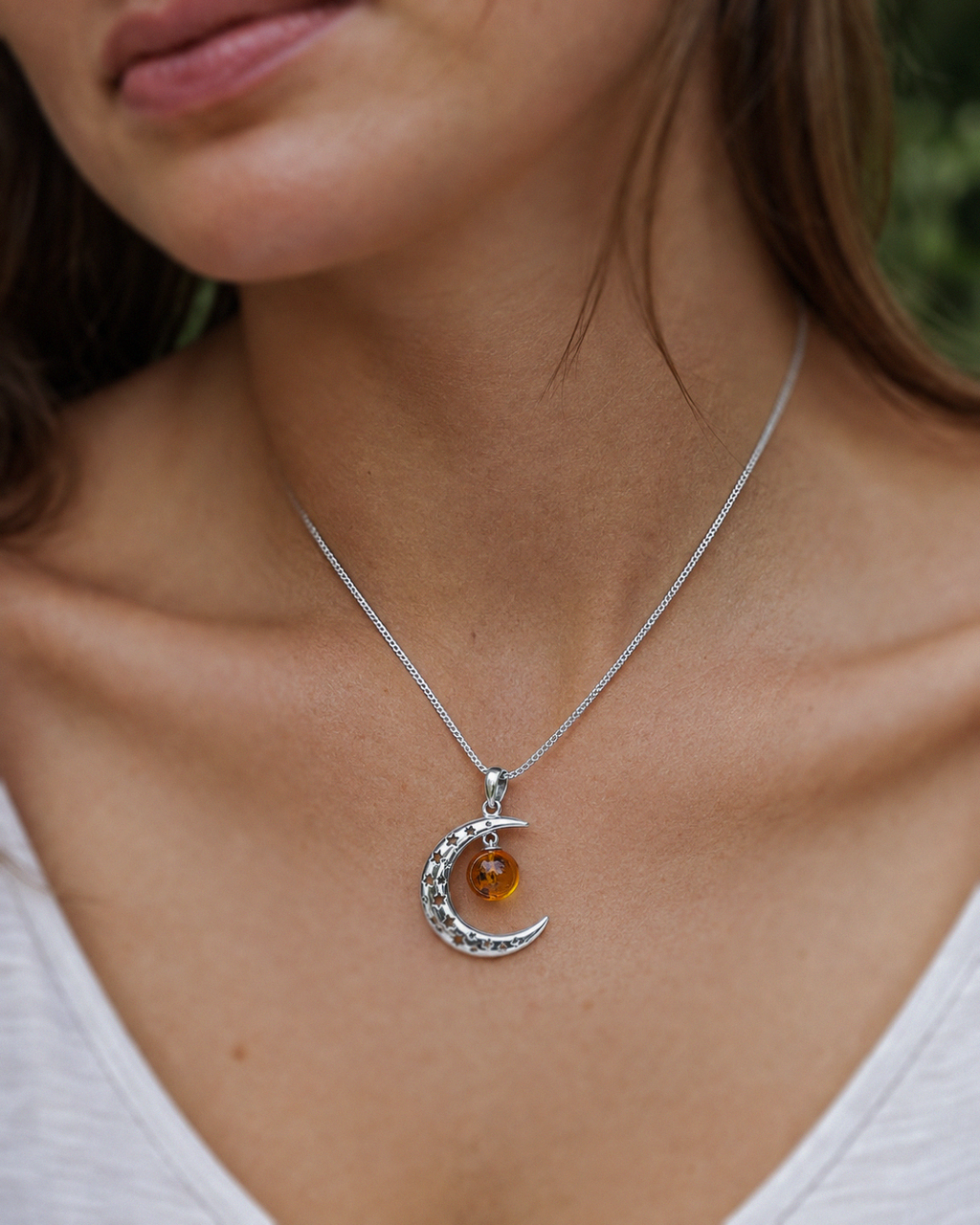 Sterling Silver Baltic Amber Crescent Moon Necklace