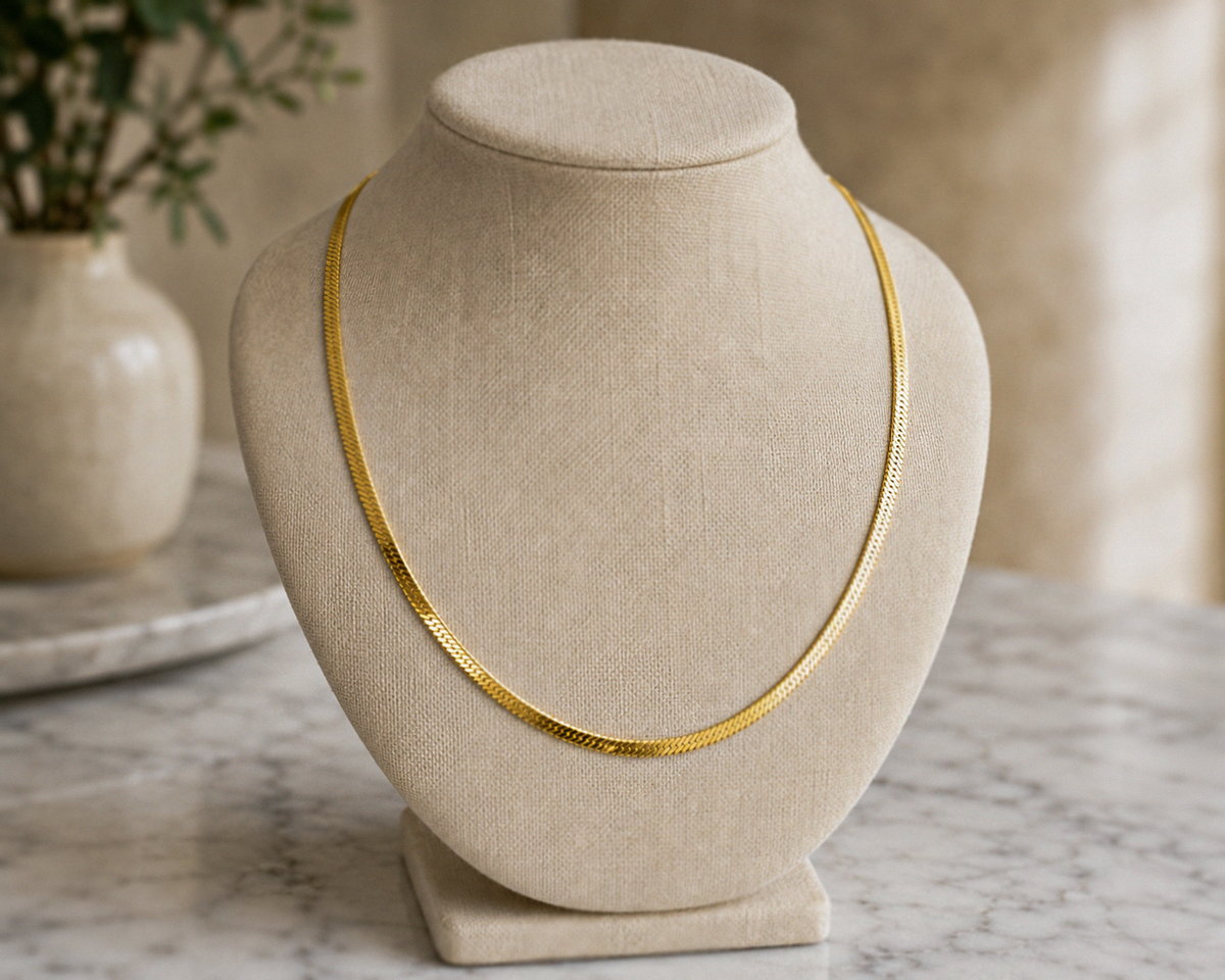 Flat Herringbone Chain Necklace – 18ct Gold Plated Sterling Silver (40–46cm).