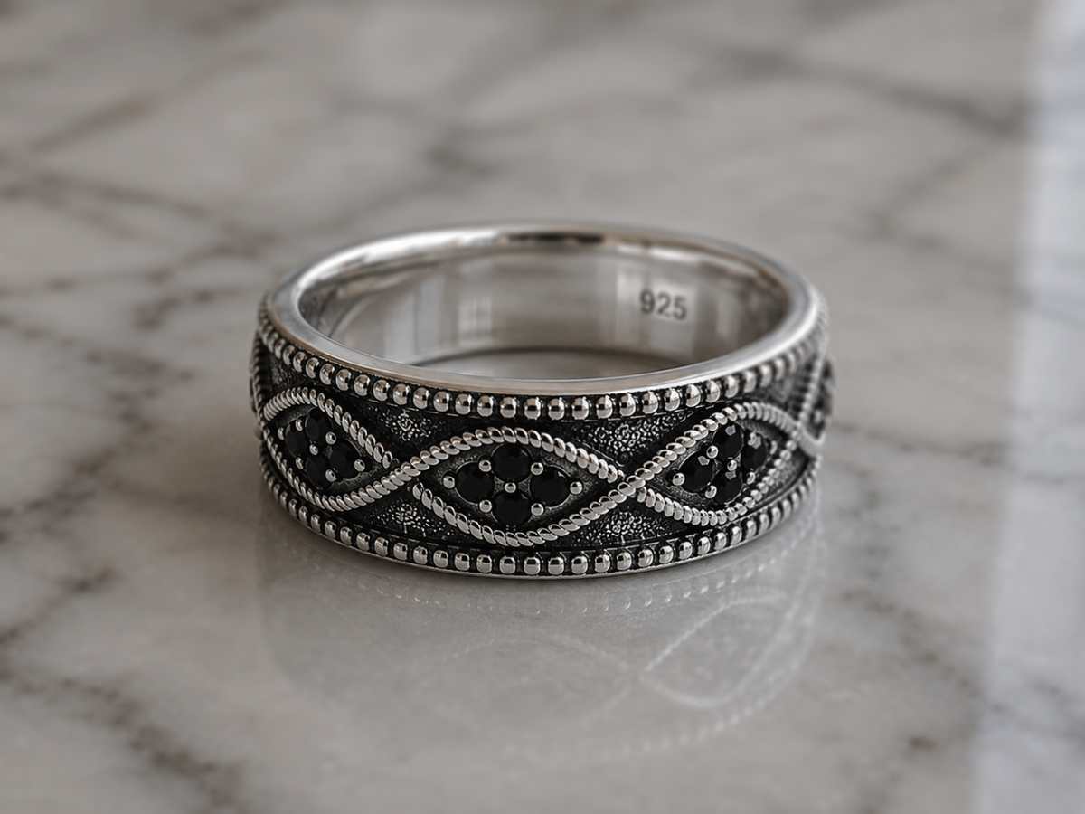 Sterling Silver Black Cubic Zirconia Wave Band Ring.
