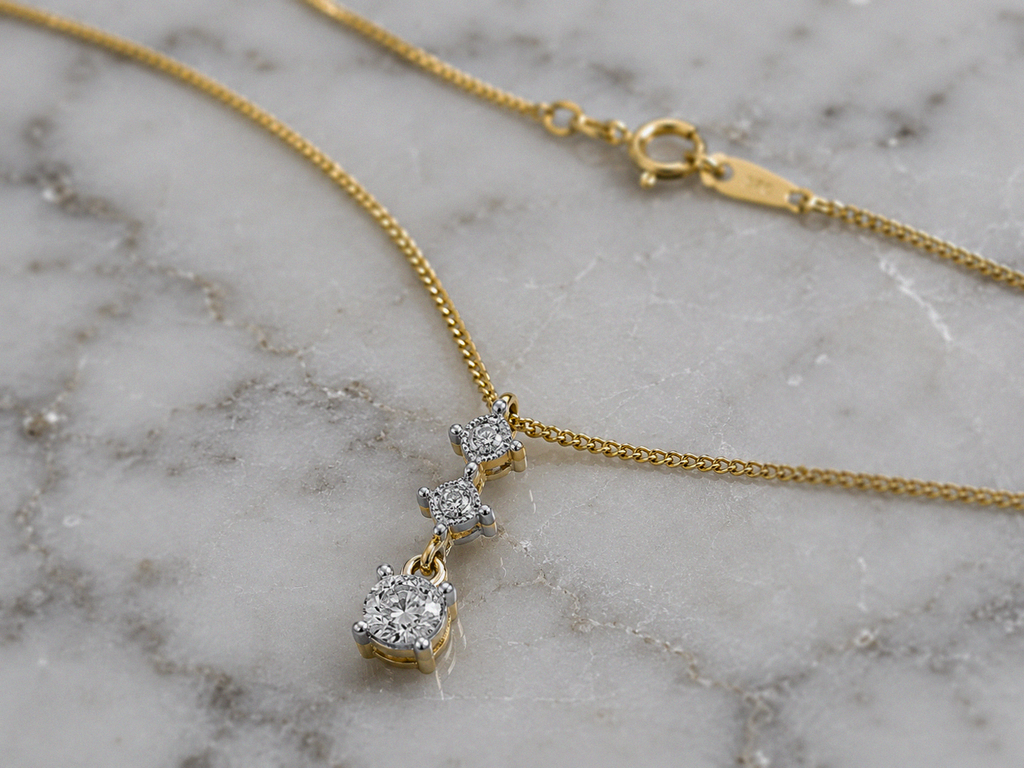 9ct Yellow Gold Diamond Trilogy Drop Pendant Necklace (0.10ct)