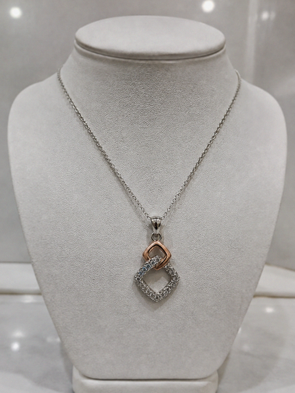 Sterling Silver Two-Tone Cubic Zirconia Square Pendant Necklace
