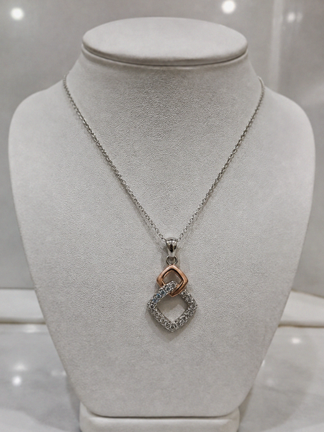 Sterling Silver Two-Tone Cubic Zirconia Square Pendant Necklace