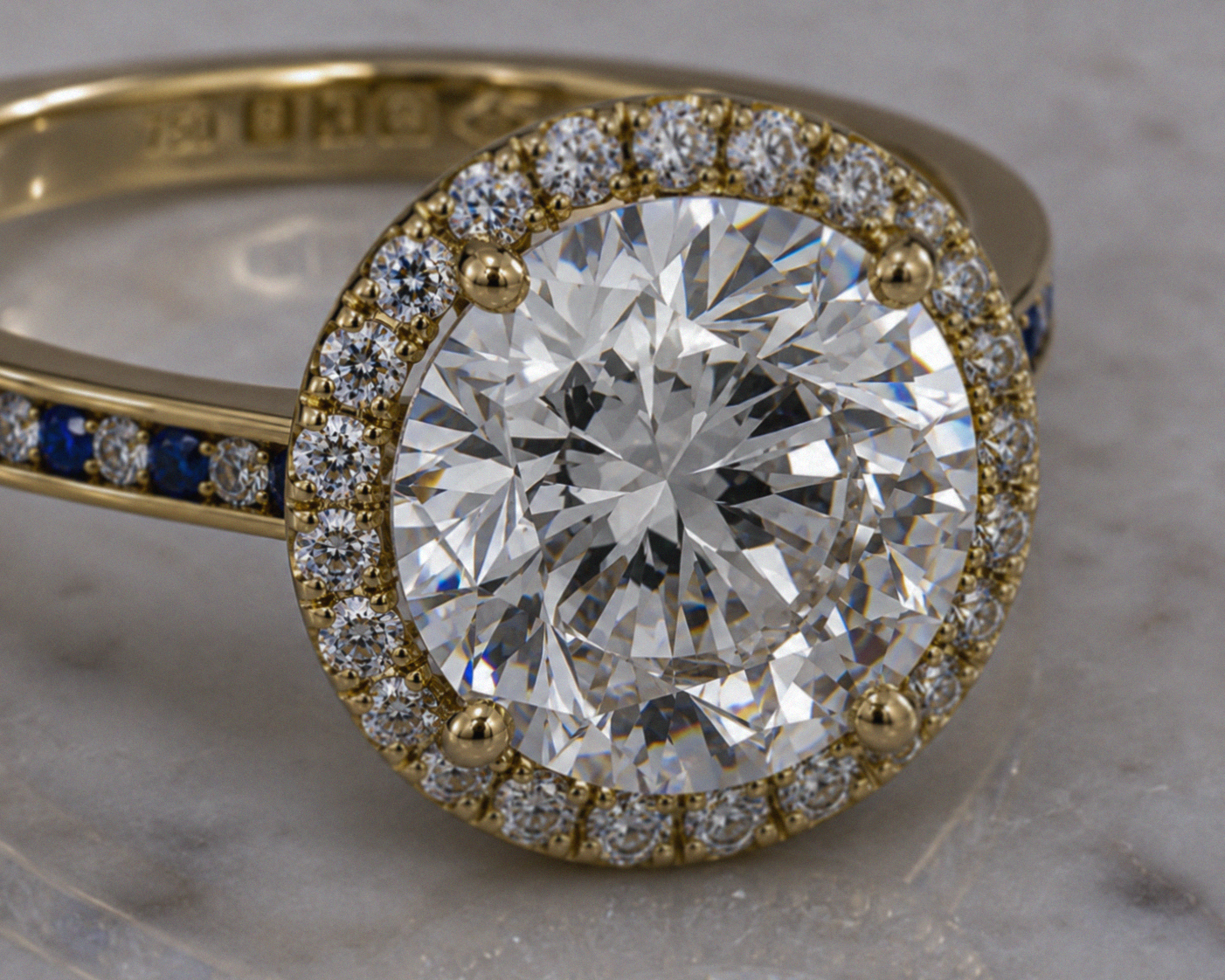 18ct Yellow Gold 10.01ct Natural Diamond & Sapphire Halo Ring