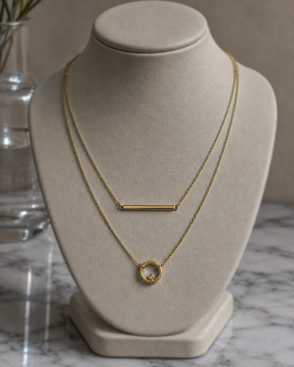 9ct Yellow Gold Bar and Circle Layered Necklace 17.5 Inch