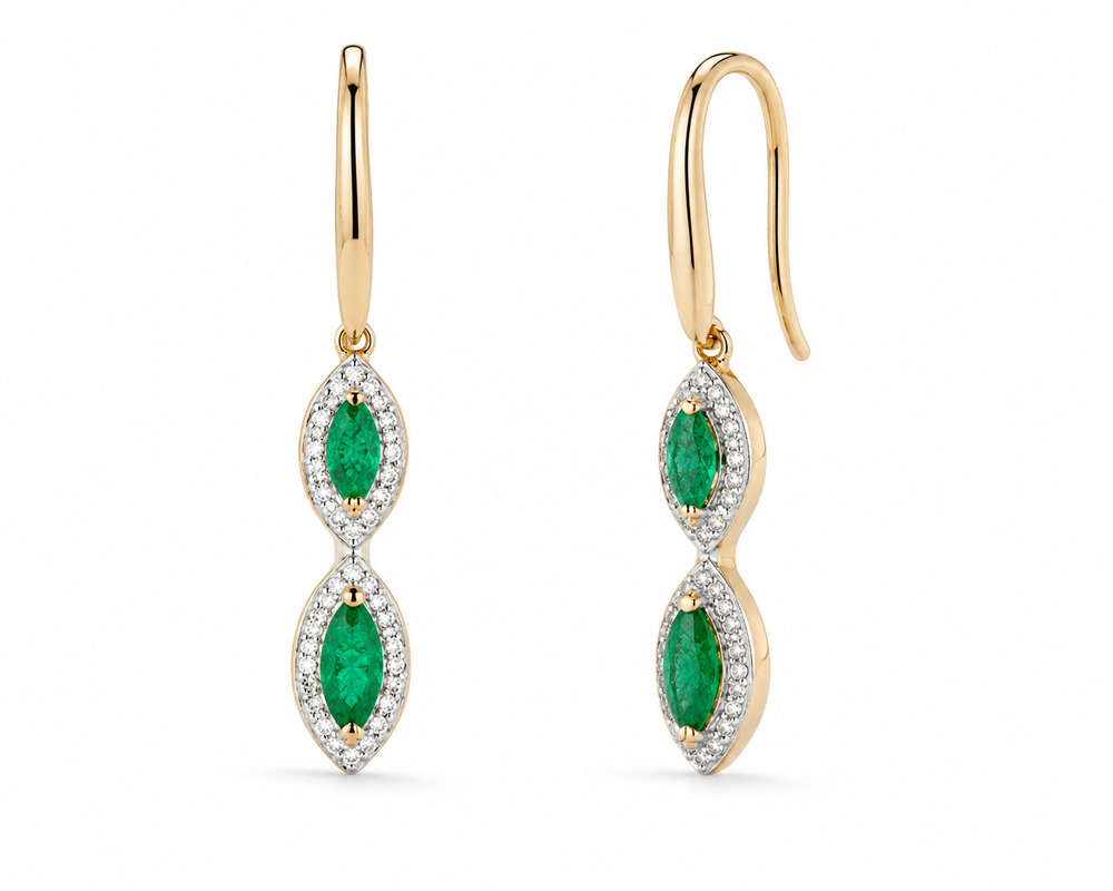 Marquise Double Drop Emerald & Diamond Earrings in 9ct Yellow Gold
