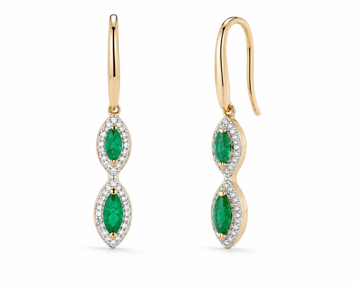 Marquise Double Drop Emerald & Diamond Earrings in 9ct Yellow Gold