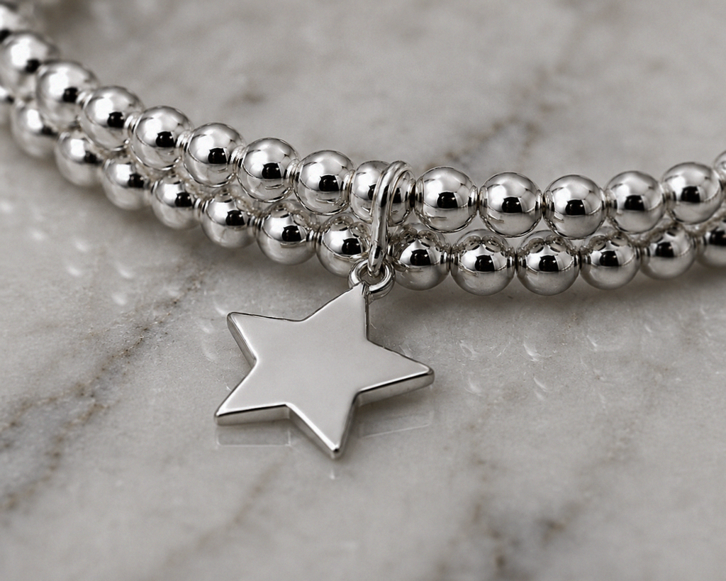 Double Row Stretch Bracelet with Star Charm – Sterling Silver