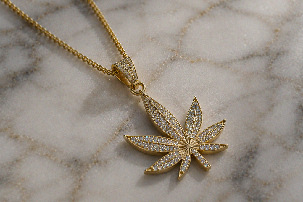 9ct Gold CZ Leaf Necklace with 18ct Diamond Cut Curb Chain