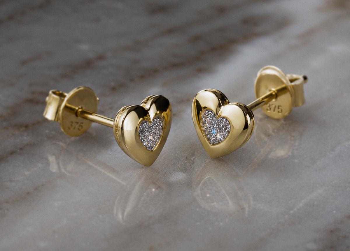 9ct Yellow Gold 0.03ct Diamond Heart Stud Earrings