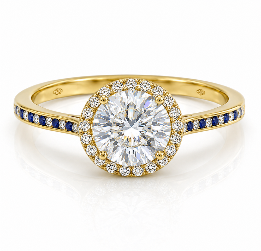 18ct Yellow Gold 10.01ct Natural Diamond & Sapphire Halo Ring