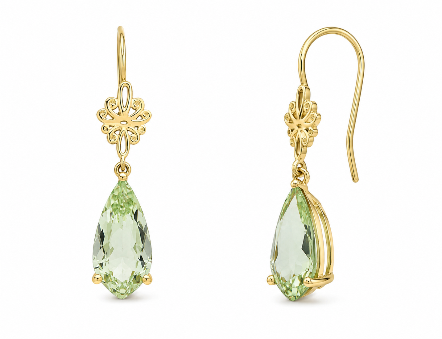 9ct Yellow Gold Green Quartz Drop Earrings with Swirl Detail