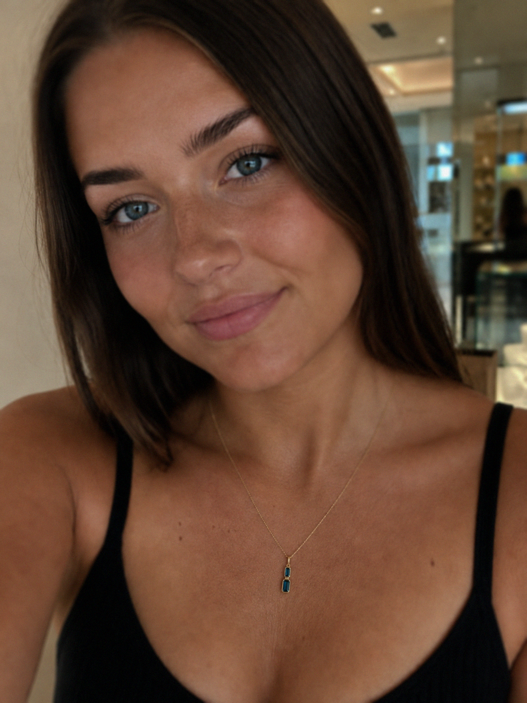 9ct Yellow Gold London Blue Topaz Drop Necklace - Emerald Cut Double Stone (45cm)