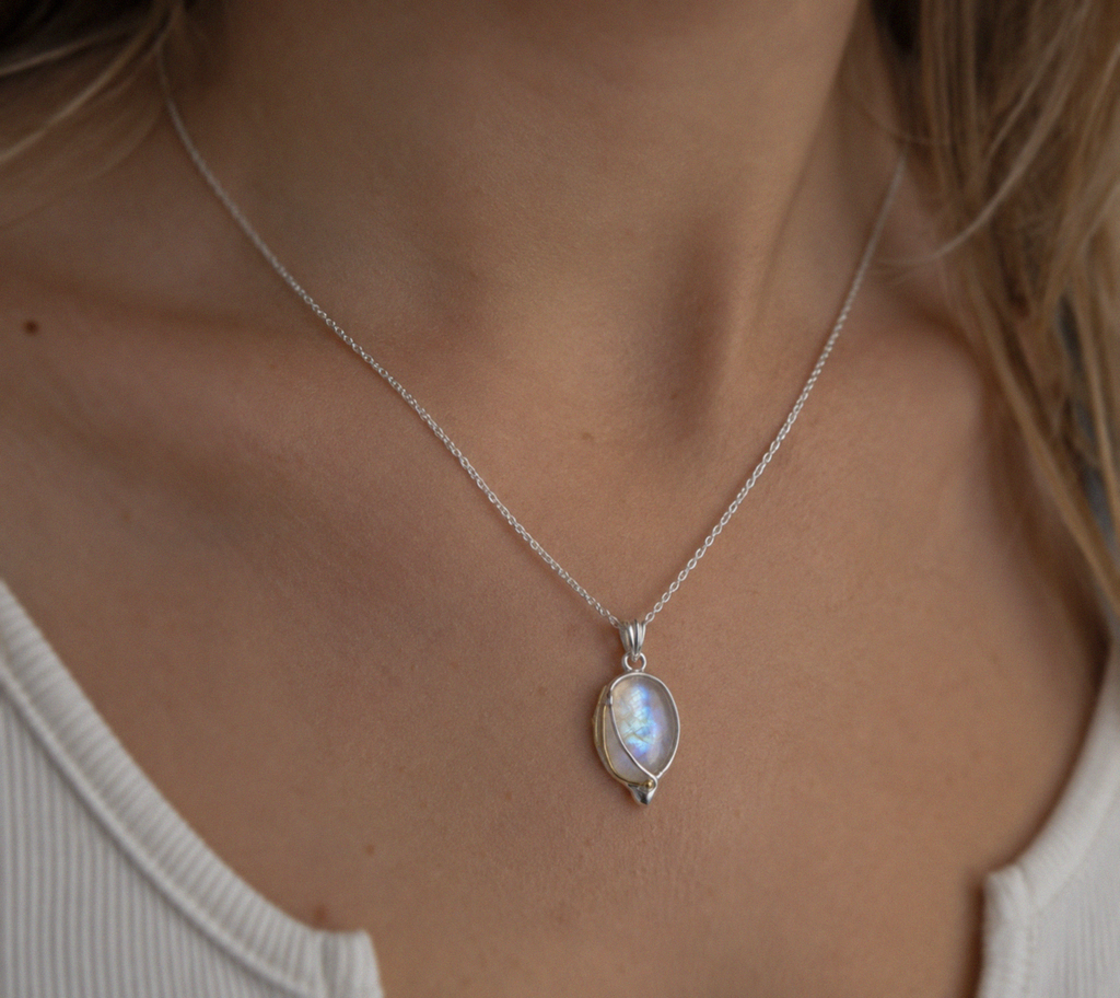 Banyan Rainbow Moonstone Pendant Necklace with 14ct Gold-Fill Detail