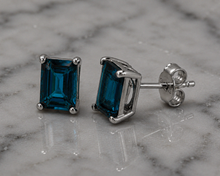 Rectangle London Blue Topaz Earrings in 9ct White Gold