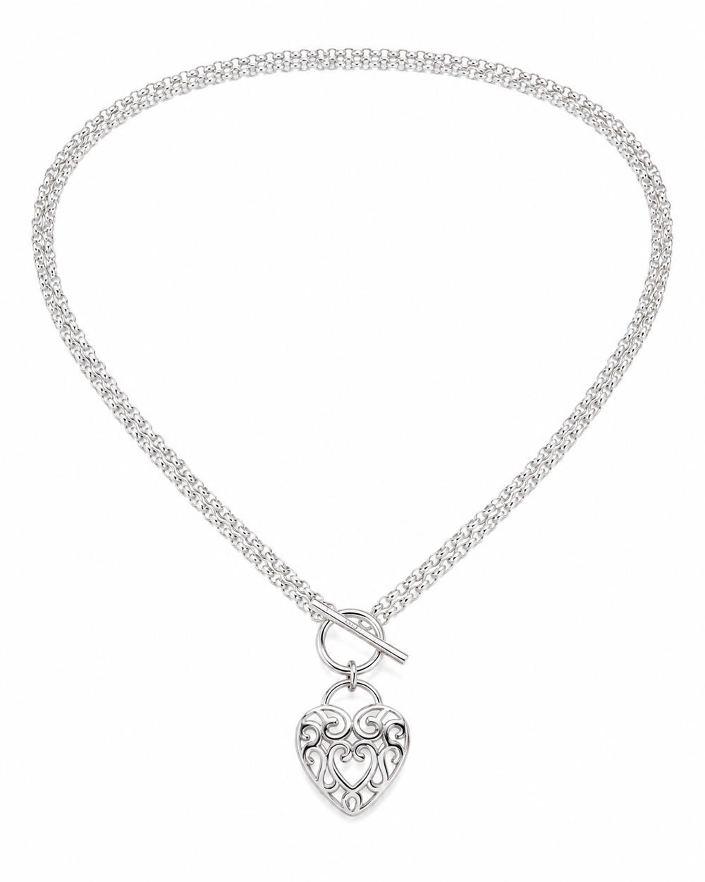 Large Filigree Heart Double Chain T-Bar Necklace in Sterling Silver