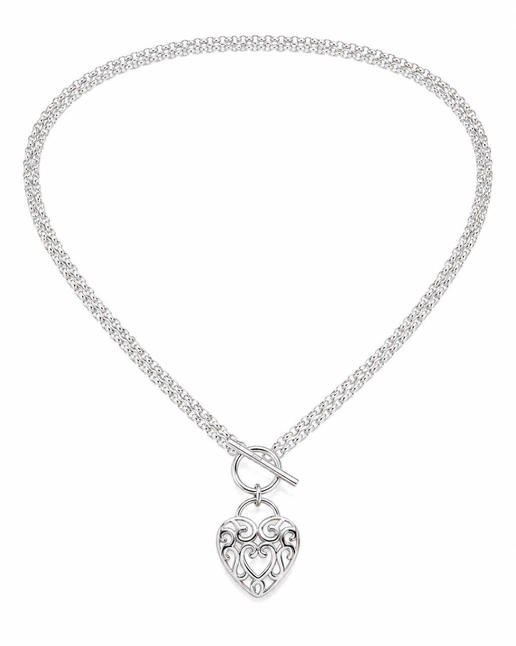 Large Filigree Heart Double Chain T-Bar Necklace in Sterling Silver