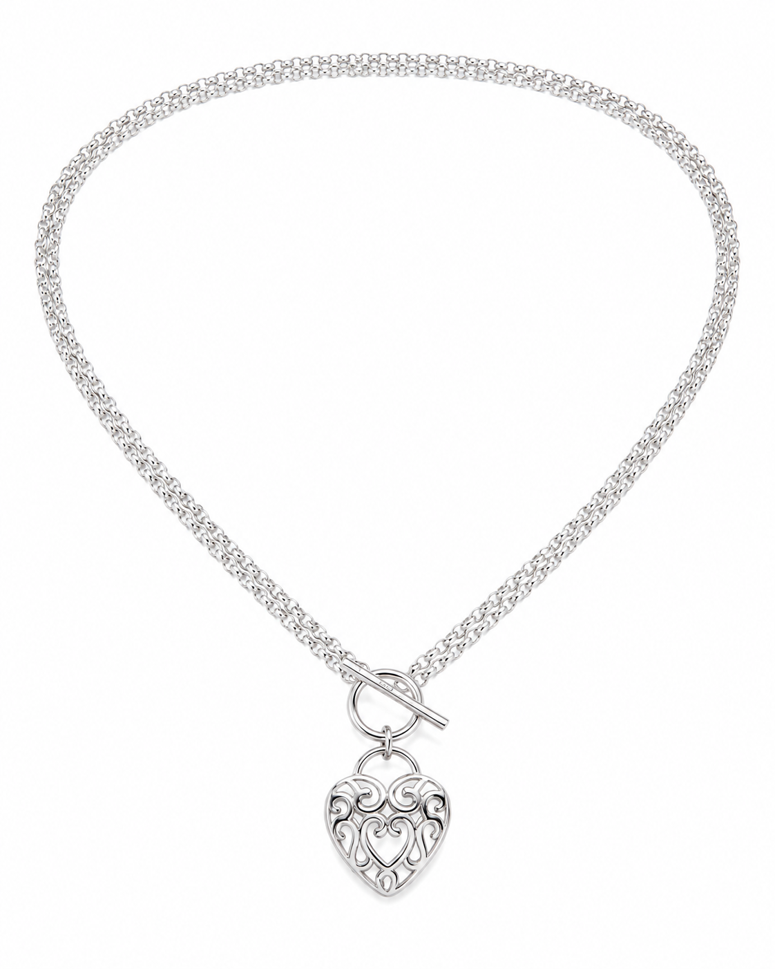 Large Filigree Heart Double Chain T-Bar Necklace in Sterling Silver