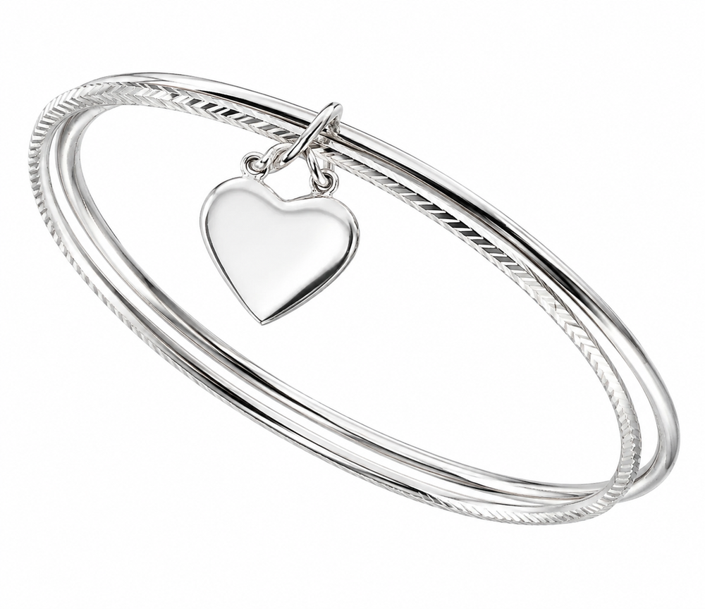 Sterling Silver Diamond-Cut Double Bangle with Heart Charm