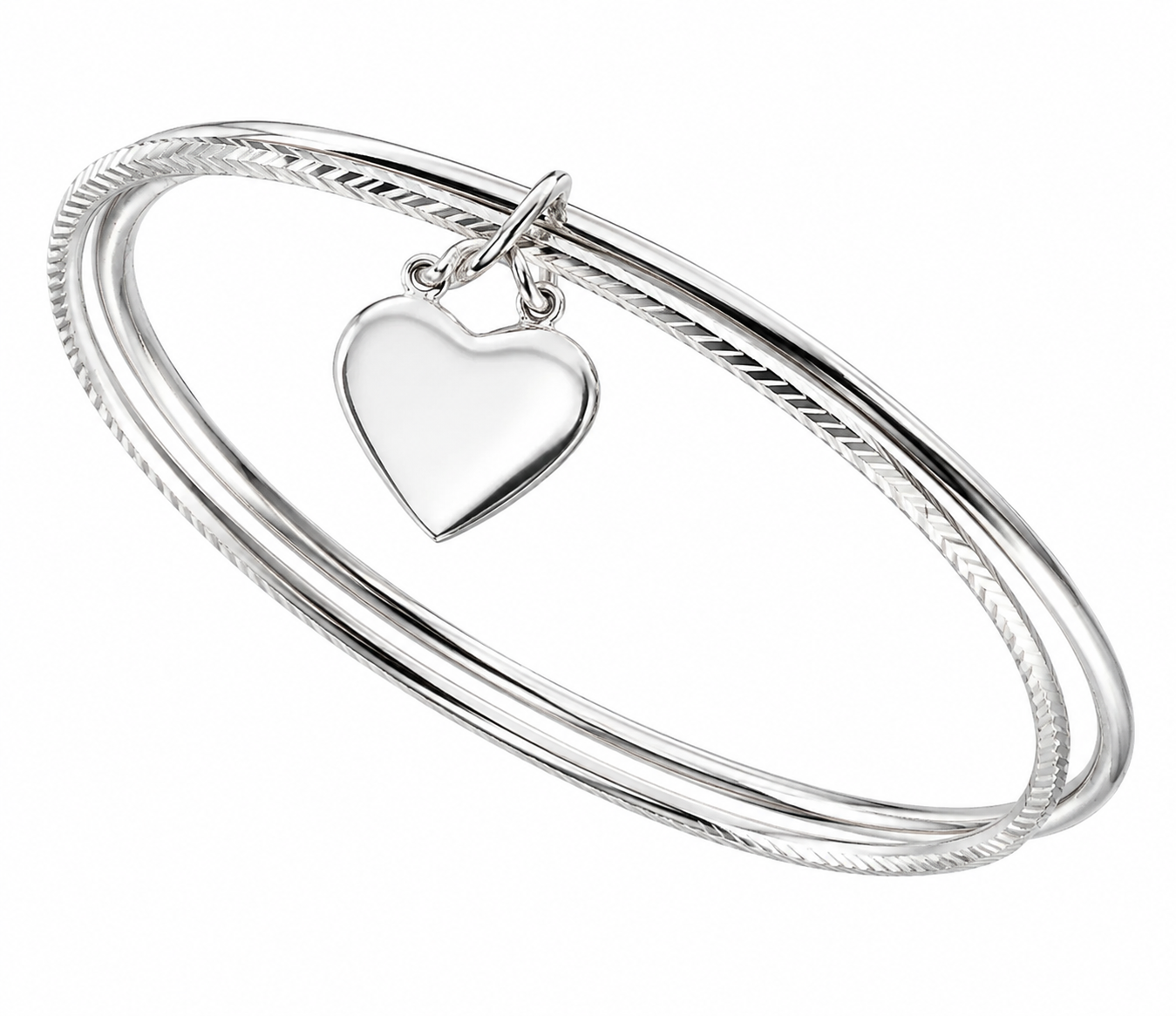 Sterling Silver Diamond-Cut Double Bangle with Heart Charm