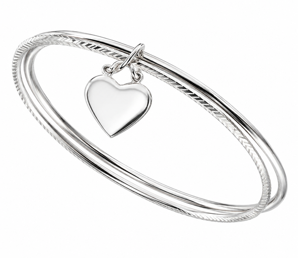 Sterling Silver Diamond-Cut Double Bangle with Heart Charm