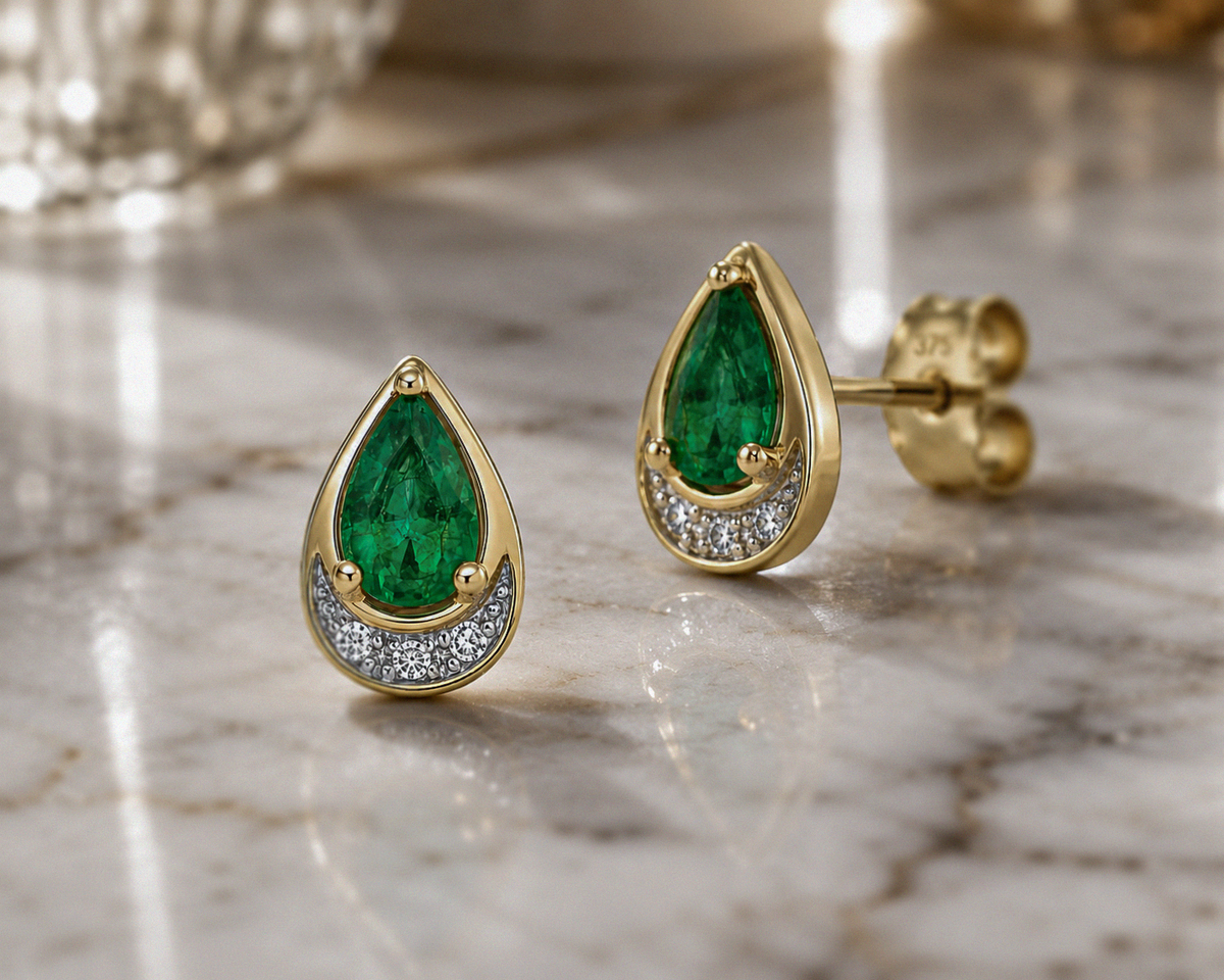 Teardrop Emerald & Diamond Stud Earrings in 9ct Yellow Gold