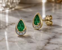Teardrop Emerald & Diamond Stud Earrings in 9ct Yellow Gold