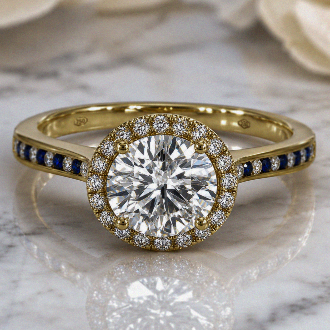 18ct Yellow Gold 10.01ct Natural Diamond & Sapphire Halo Ring