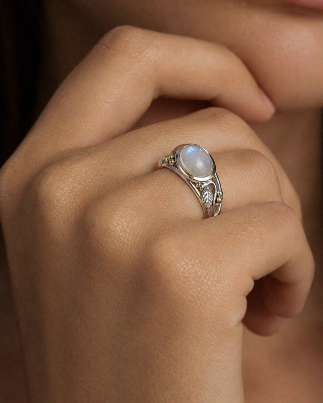Sterling Silver Rainbow Moonstone Leaf Ring