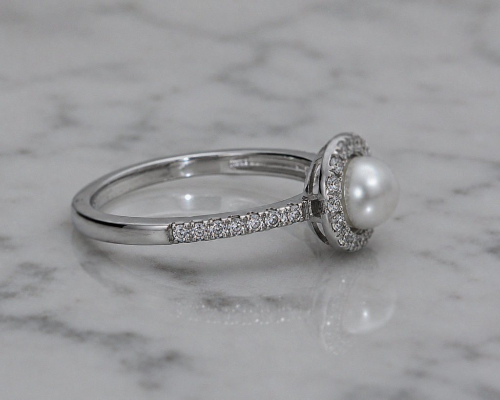 Sterling Silver Freshwater Pearl & Cubic Zirconia Halo Ring