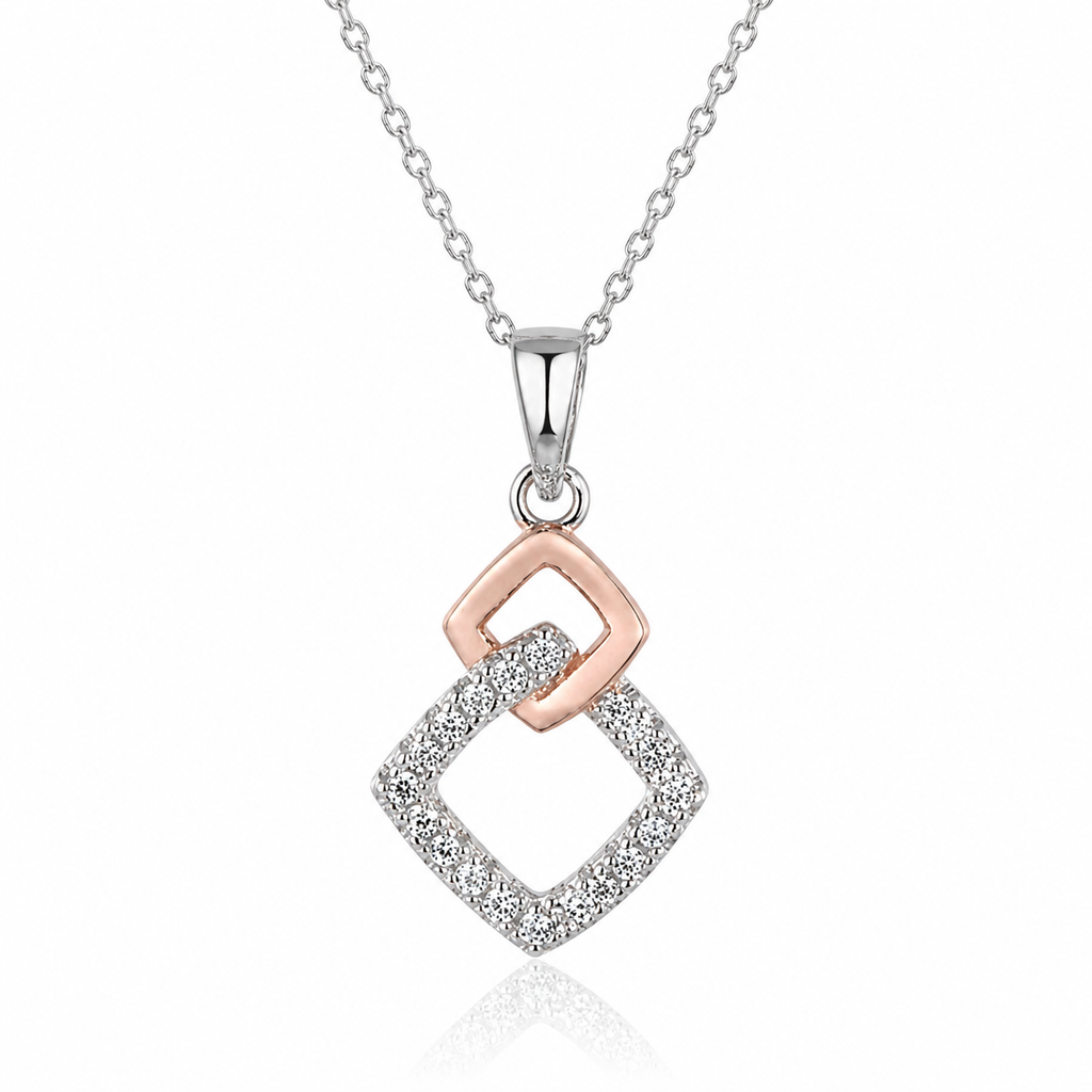 Sterling Silver Two-Tone Cubic Zirconia Square Pendant Necklace