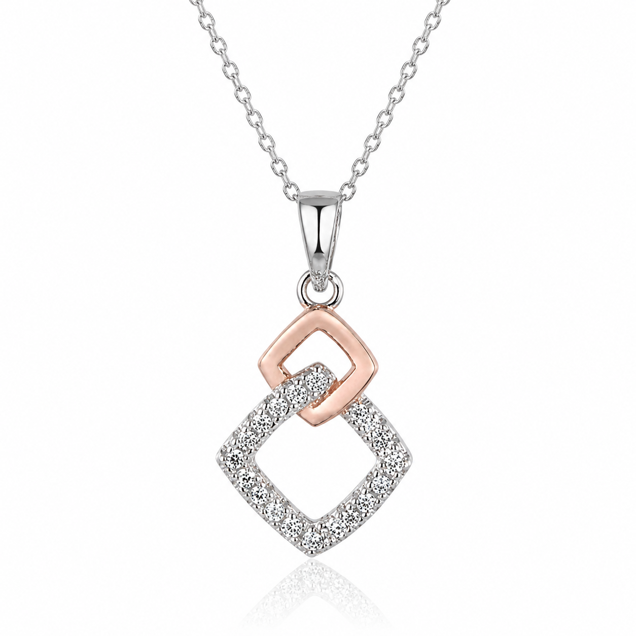 Sterling Silver Two-Tone Cubic Zirconia Square Pendant Necklace