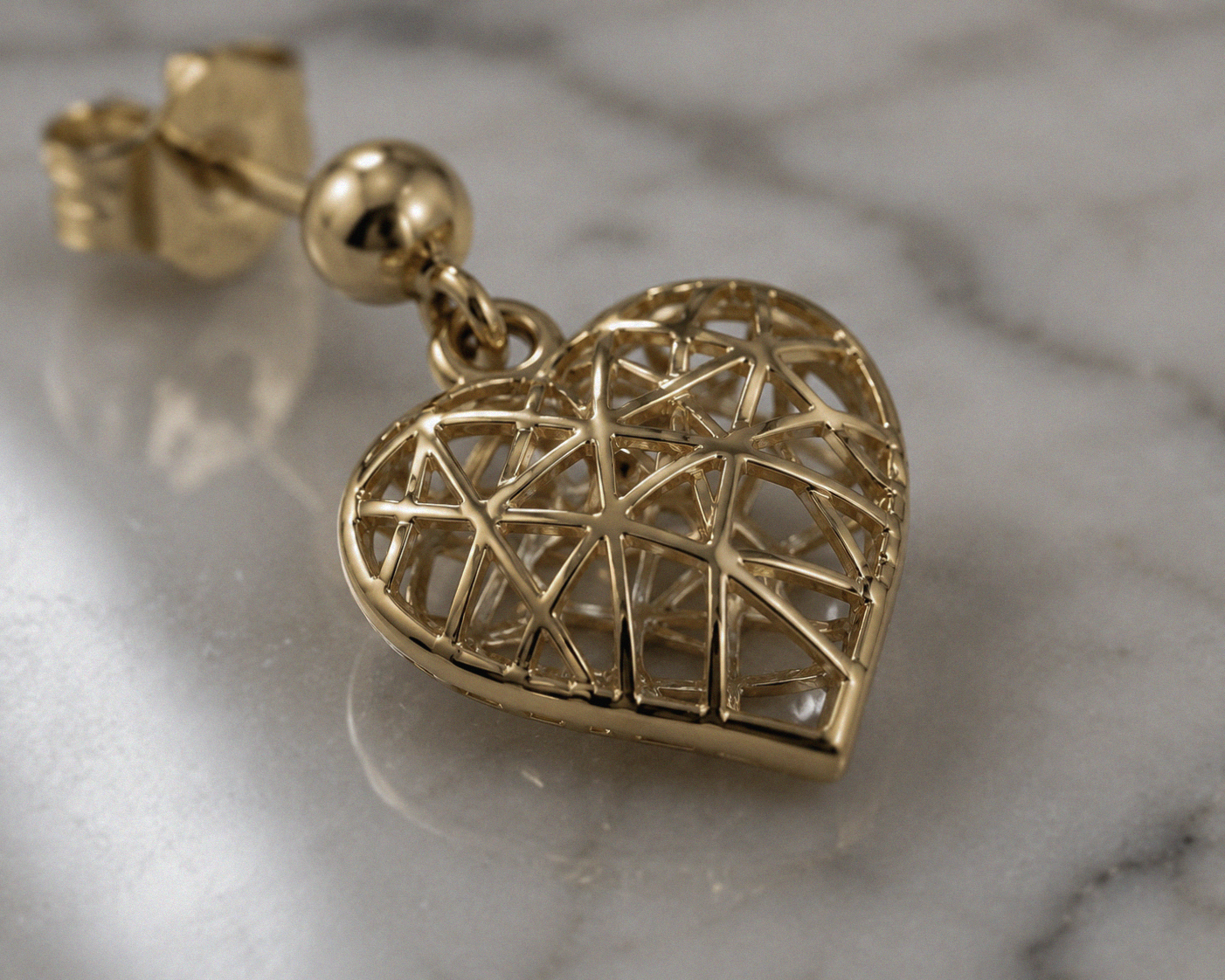 9ct Gold Caged Heart Drop Earrings