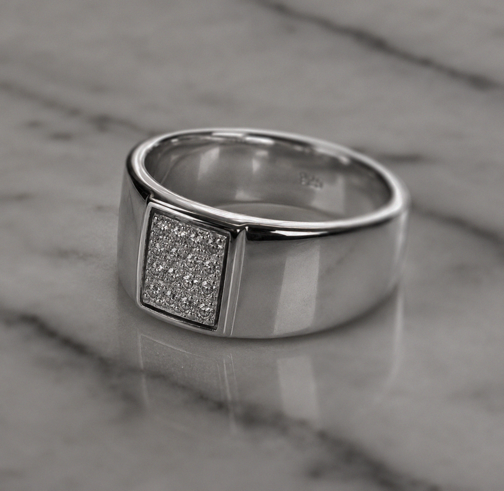 Sterling Silver Wide Band Cubic Zirconia Men’s Ring