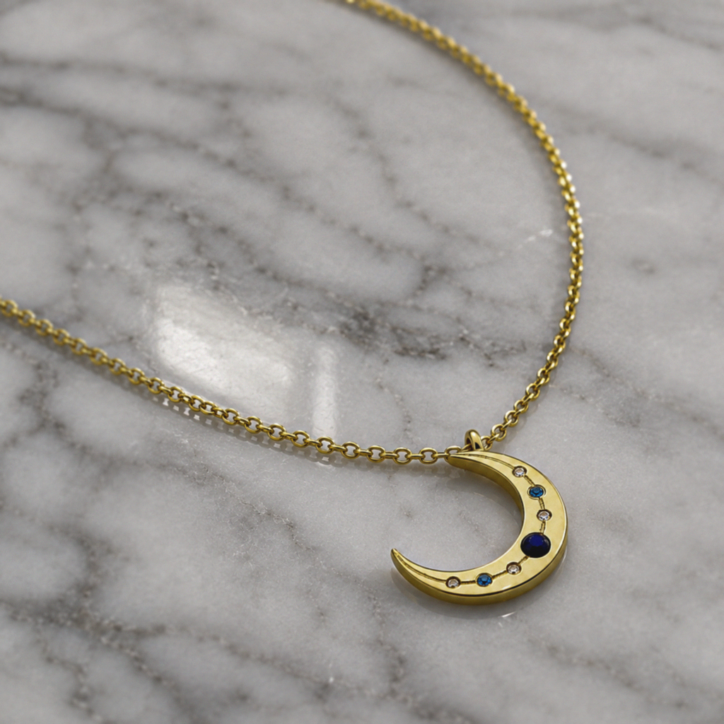 Sterling Silver Lapis & Cubic Zirconia Moon Necklace