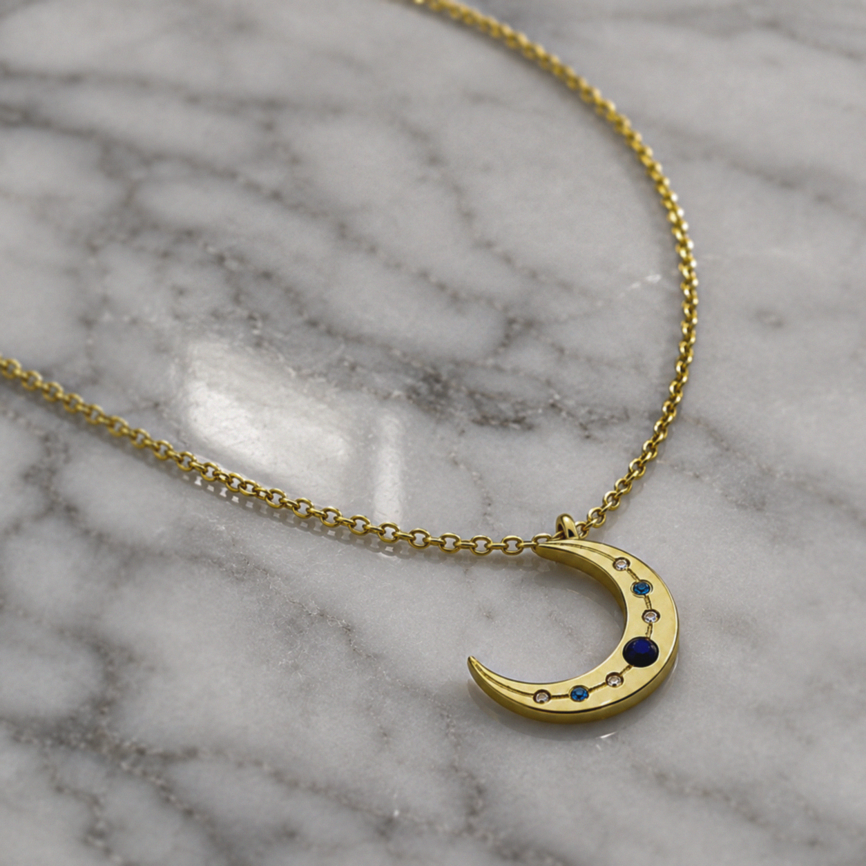 Sterling Silver Lapis & Cubic Zirconia Moon Necklace