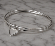 Sterling Silver Diamond-Cut Double Bangle with Heart Charm