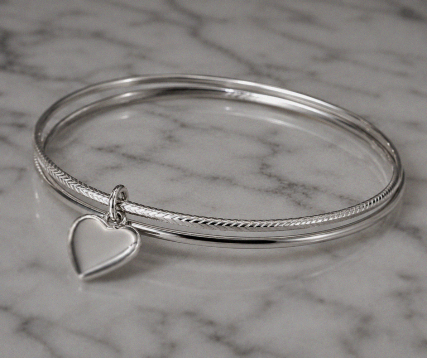 Sterling Silver Diamond-Cut Double Bangle with Heart Charm