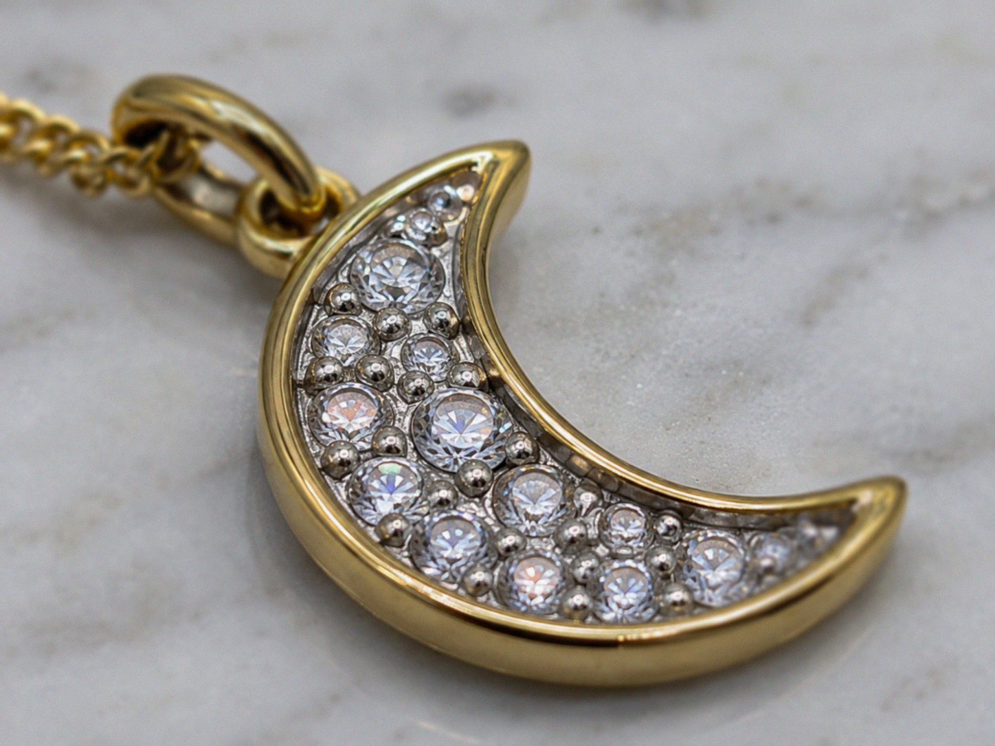 9ct Yellow Gold Diamond Crescent Moon Necklace