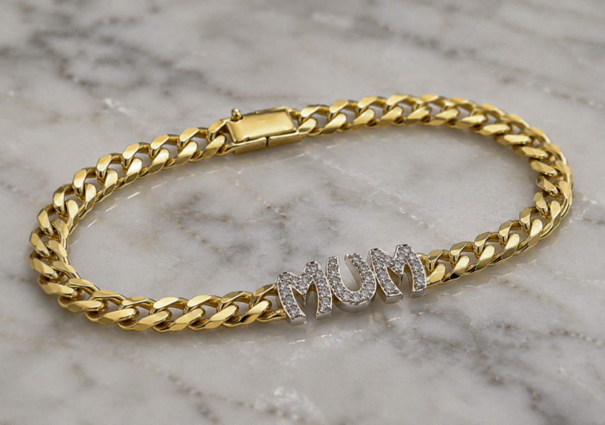 9ct Yellow Gold Cubic Zirconia Mum Curb Bracelet